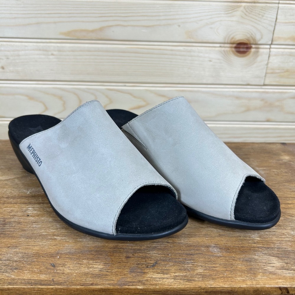 Mephisto Womens Grey Nubuck Leather Open Toe Wedge Slide Sandals 37 6491311801